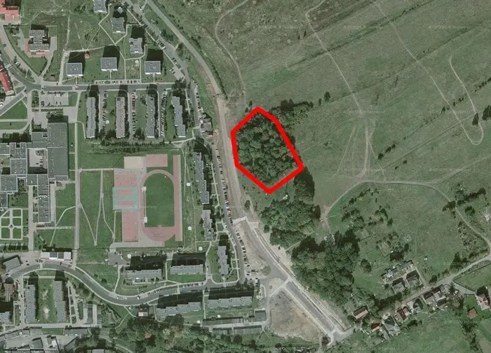 Teren cmentarza na satelitarnym zdjęciu Bogatyni (źródło Google Maps)