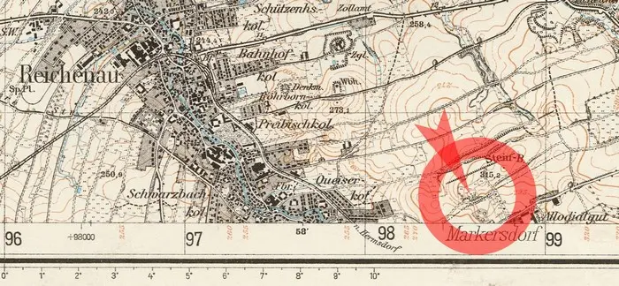 Wzgórze Steinberg na niemieckiej mapie topograficznej "Hirschlede" (arkusz 5050) z 1936 r. Cmentarz nie został na nią naniesiony (arch. A. Lipin)