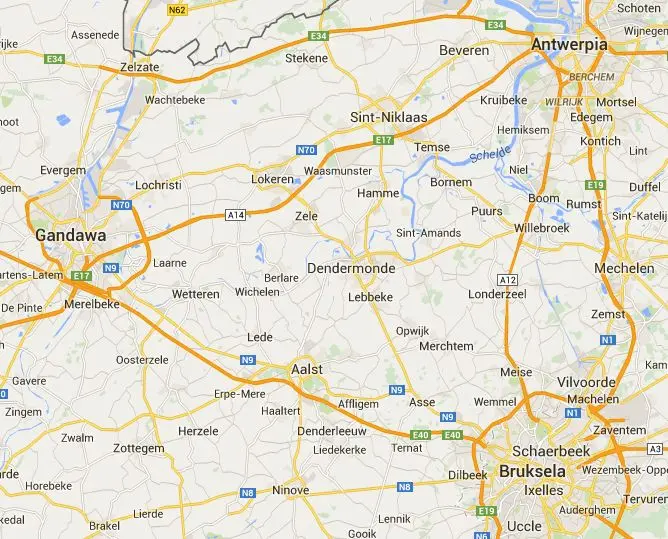Belgijskie miasta na mapie Open Street Map, zaznaczone endonimami: Gent, Antwerpen, Bruxelles-Brussels (źródło: openstreetmap.org)