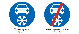 Znaki „Zimní výbava” oraz „Zimní výbava-konec” rozpoczynające i kończące obowiązek jazdy na oponach zimowych w każdych warunkach drogowych na wybranych odcinkach dróg