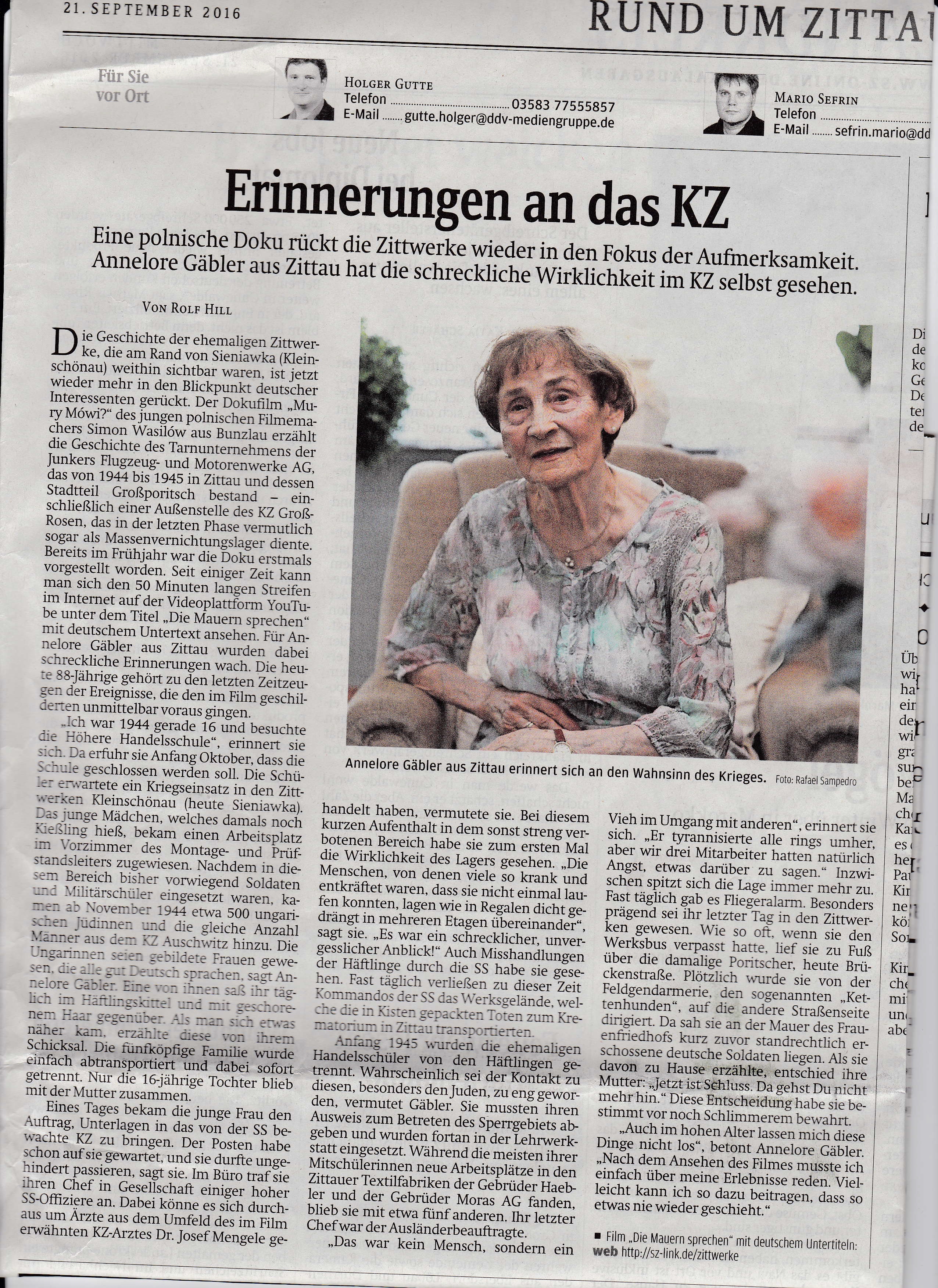 Tekst "Erinnerungen an das KZ" autorstwa Rolf Hill pochodzi z Gazety Saksońskiej (Saechsische Zeitung) 21.09.2016